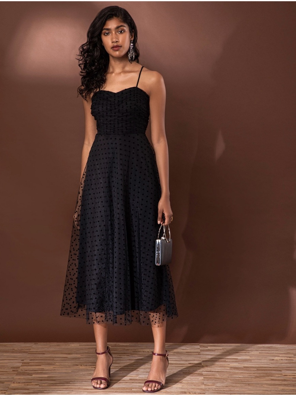 Black Polka Dots Shoulder Straps Midi Dress